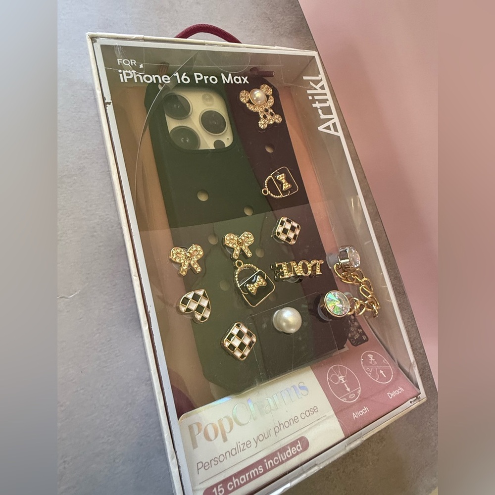 Decorative Charm Phone Case for iPhone 16 Pro Max — Black with Gold Accents